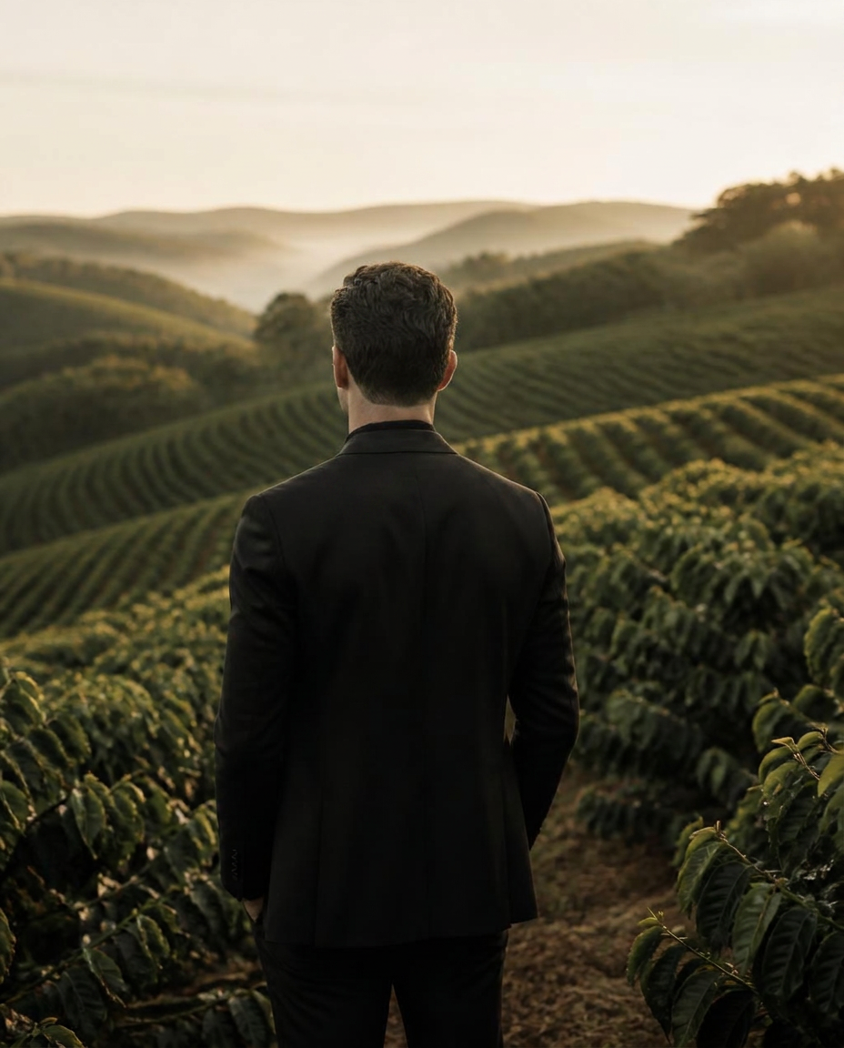 Dr. Sergio Francisco, de blazer preto, visto de costas, contemplando um cafezal